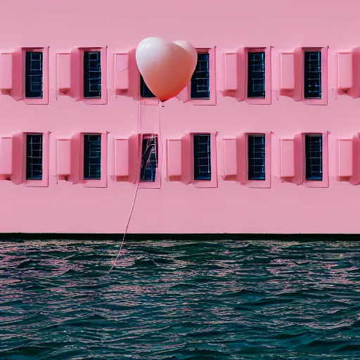 Prompt: a 5 0 mm lens photograph of a pink floating house inspired by the movie up, held by three small vibrant ballons in the air, mist, playful composition