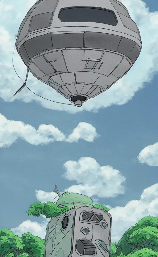 Image similar to an asymmetrical cell - shaded studio ghibli concept art study of a huge silver cube ufo in the sky. an elegant alien is on the ground. very dull colors,, hd, 4 k, hq