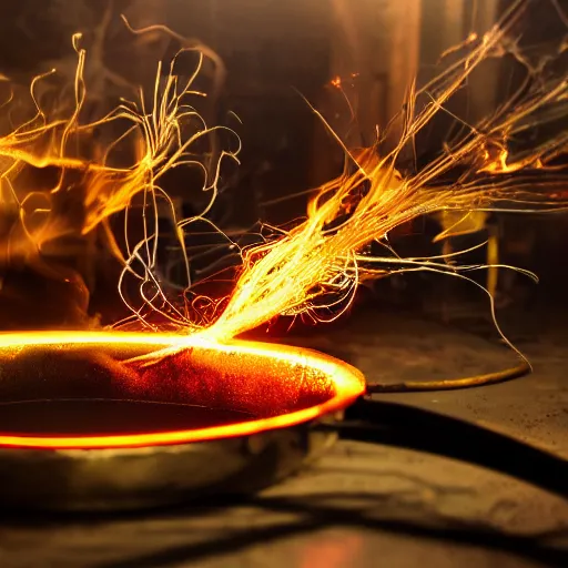 Image similar to fried egg in a red hot frying pan, tangles of metallic cables, dark messy smoke - filled cluttered workshop, dark, dramatic lighting, orange tint, sparks, plasma charges, cinematic, highly detailed, sci - fi, futuristic, movie still
