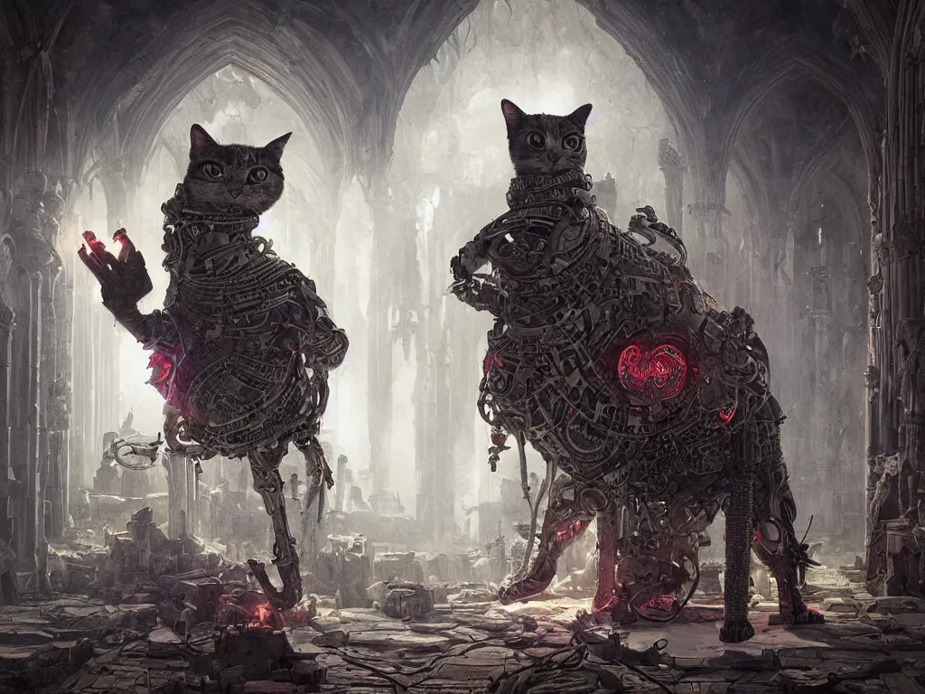 Prompt: the cyborg cat dressed in hoodie with occult symbols performing magic ritual in a dark gothic temple of antichrist high quality hdr photo art by wayne barlove, greg rutkowski, raphael