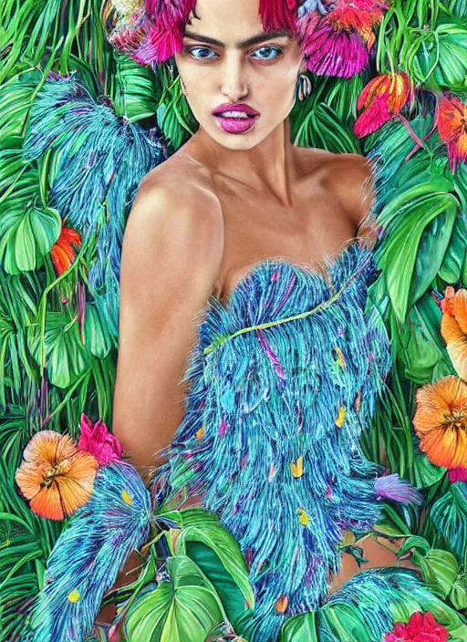 Prompt: beautiful portrait of Irina Shayk wearing fantastic Hand-dyed cotton dress,embellished beaded feather decorative fringe knots ,colorful pigtail,playful makeup,subtropical flowers and plants,symmetrical face,intricate,elegant,highly detailed,8k,digital painting,trending on pinterest,harper's bazaar,concept art, sharp focus, illustration,golden ratio,by artgerm,Tom Bagshaw,Lawrence Alma-Tadema,greg rutkowski