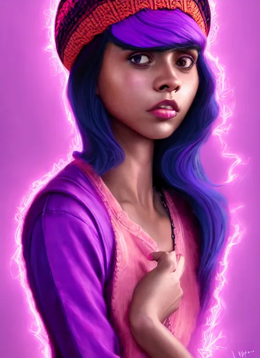 Image similar to portrait of teenage vanessa morgan with bright pink hair, black girl, curly pixie cut hair, wearing a purple breton cap, breton cap, hoop earrings, intricate, elegant, glowing lights, highly detailed, digital painting, artstation, concept art, smooth, sharp focus, illustration, art by wlop, mars ravelo and greg rutkowski