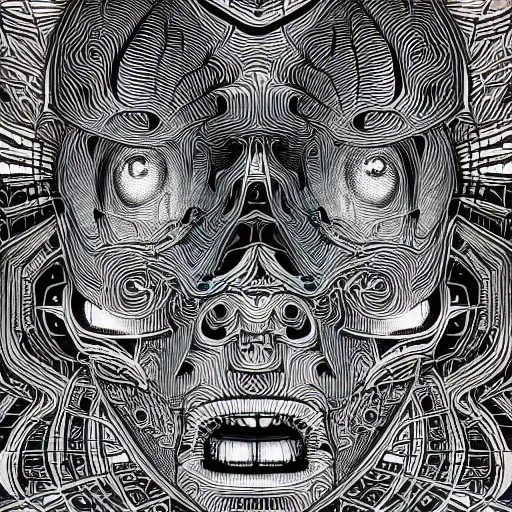 Prompt: Geometrically surreal Artificial Intelligence monk, high detail, photorealistic, intricate line drawings, dotart, album art in the style of James Jean