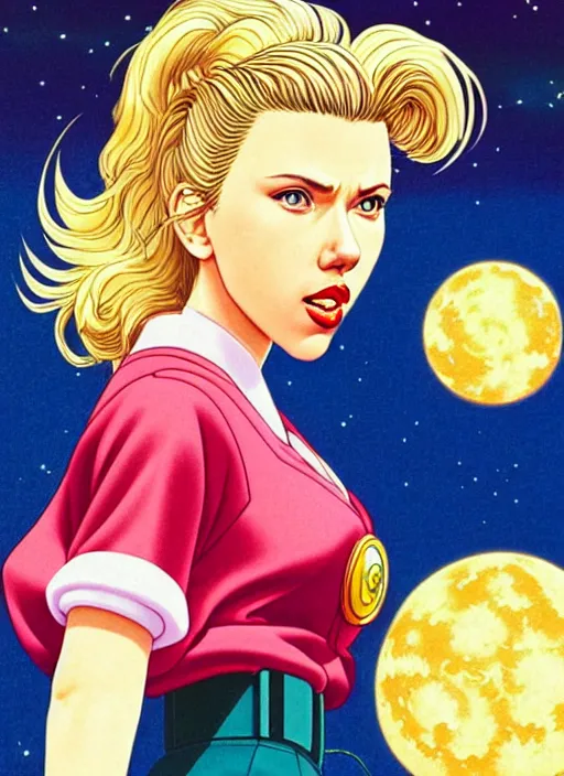 Prompt: perfectly centred realistic picture of scarlett johansson as a sailor moon, calls on the phone at futuristic office, highly detailed, 8 0 - s style poster, sharp focus, illustration, art by kawase hasui,