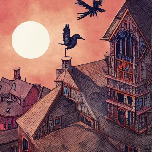 Image similar to a clown on the roof of the church playing with crows, by android jones and m. c. escher collaboration, futurist, digital art, dramatic lighting, symbolic