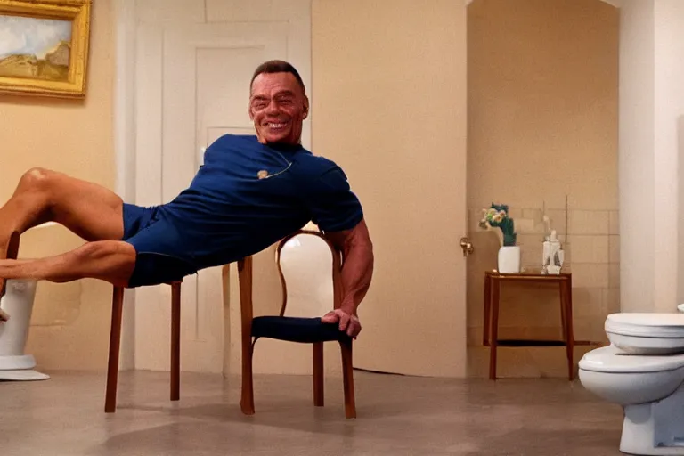 Image similar to hyperrealistic Jean Claude Vandamme doing the splits, spread eagle between two chairs over a toilet, golden hour, smiling, award winning