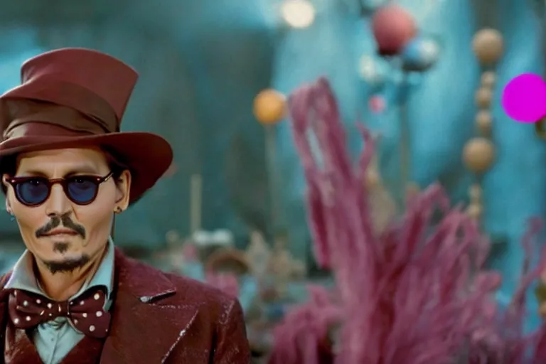 Image similar to cinematic still of johnny depp playing a whimsical character holding a large knife covered in dripping fudge over an umpa lumpa in willy wonka & the chocolate factory film directed by tim burton, movie still, long lens, shallow depth of field, bokeh, anamorphic lens flare