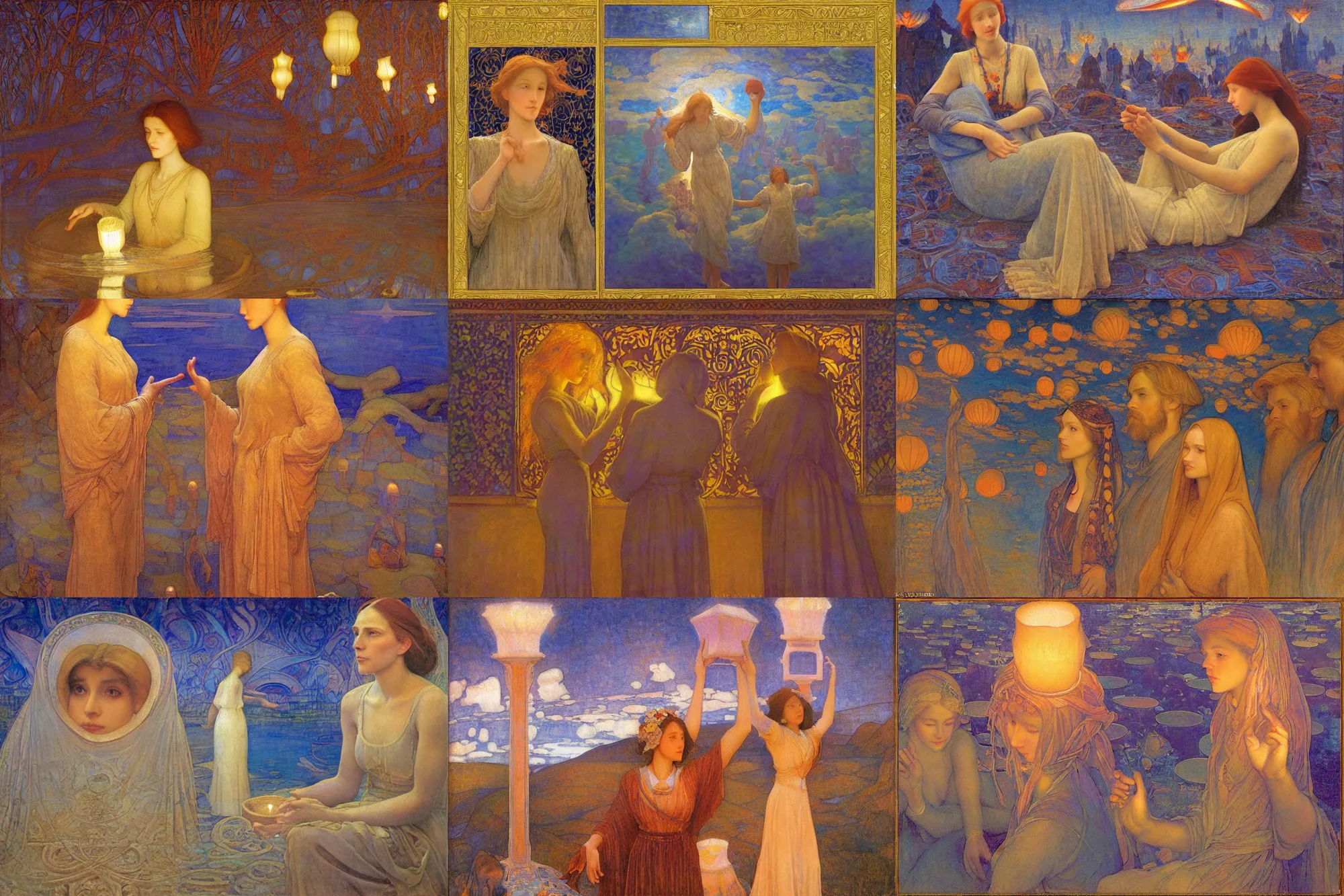 Prompt: Dreaming of the perfect Day by Annie Swynnerton and Nicholas Roerich and jean delville, glowing paper lanterns, strong dramatic cinematic lighting , ornate tiled architecture, lost civilizations, smooth, sharp focus, extremely detailed