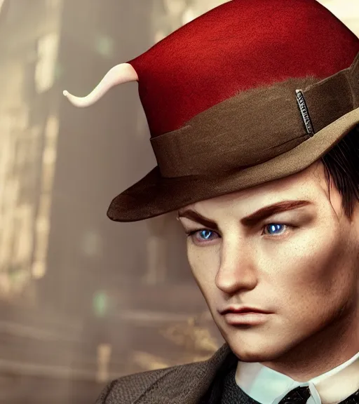 Prompt: an elf in a suit, gatsby hat, detailed portrait, detailed face, perfect lighting hd, 4 k, realistic, photorealistic, octane render