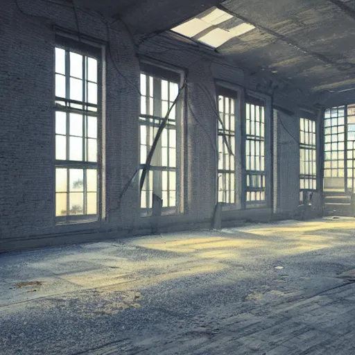 Prompt: abandoned industrial factory interior, volumetric light scattering through the windows, digital art, trending on artstation