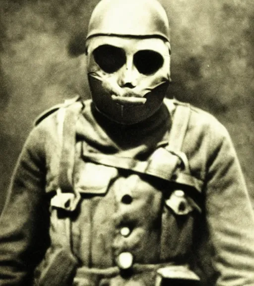 Image similar to a soldier wearing a scary mask in distance, ww1 film photo, grainy, high detail, high resolution