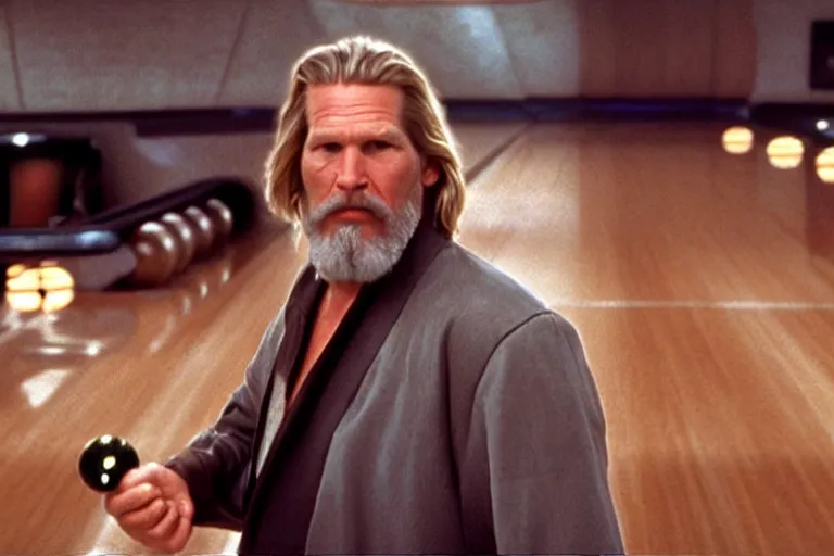 Image similar to a shot looking down a bowling lane of Jeff Bridges The Big Lebowski as a Jedi Bowling in Star Wars