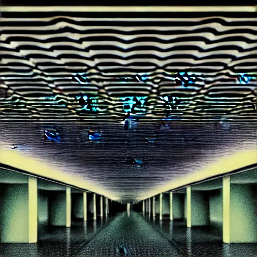 Image similar to noisy photograph of a large liminal underground garden, sky made of ceiling panels, retrofuturism, brutalism, staggered terraces, hidden area, unknown space, minimalist, cinematic, soft vintage glow, unreal engine