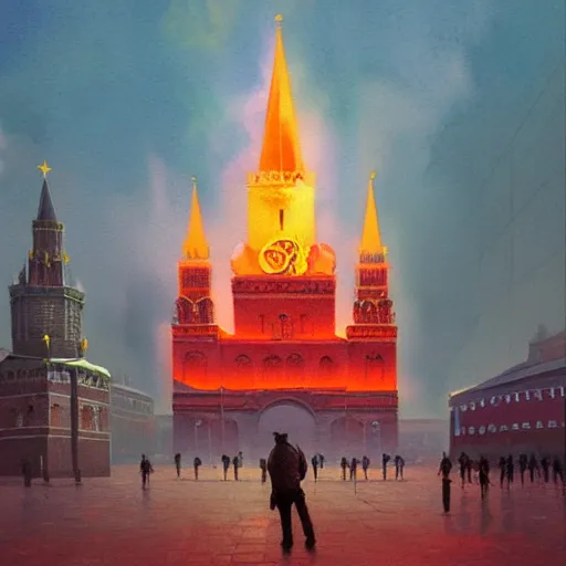 Prompt: a painting of fire on Red Square in Moscow, a watercolor and matte painting by Beeple and RHADS and maxfield parrish, cgsociety, brutalism, dystopian art, sci-fi, artstation hq