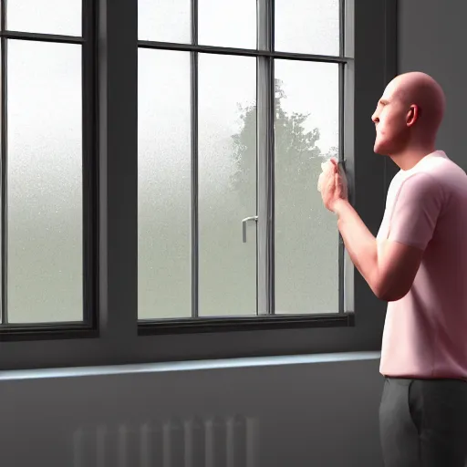 Image similar to 3 d rendered image of a man opening window, fresh air blender 3 d keyshot unreal engine