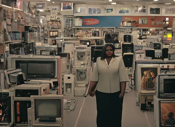 Image similar to cinematic wide shot of backlit windows of a narrow used electronics store, octavia spencer wanders the messy aisles, keyboards, iconic scene from the paranoid thriller sci fi film directed by stanley kubrick, anamorphic cinematography, beautiful composition, color theory, leading lines, photorealistic, volumetric lighting