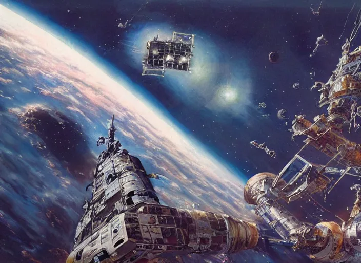 Prompt: abandoned space station drifting in deep space, cinematic matte painting, peter elson, chris foss, john berkey, terran trade authority