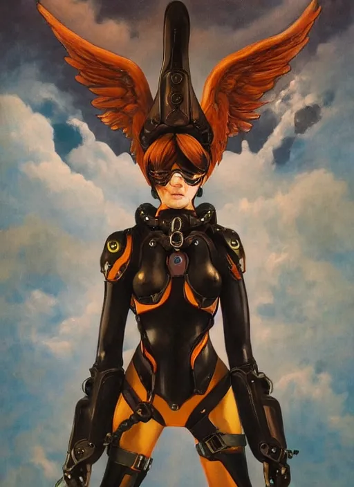 Image similar to full body artwork of tracer overwatch, wearing leather collar, in style of zdzisław beksinski, angel wings, dramatic painting, symmetrical composition, wearing detailed leather collar, black shiny armor, chains, black harness, detailed face and eyes,