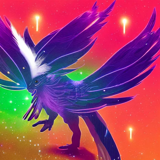 Image similar to skunk, feathers, bird, avian, wings, synthwave, universe background, nebula, galaxy, artstation