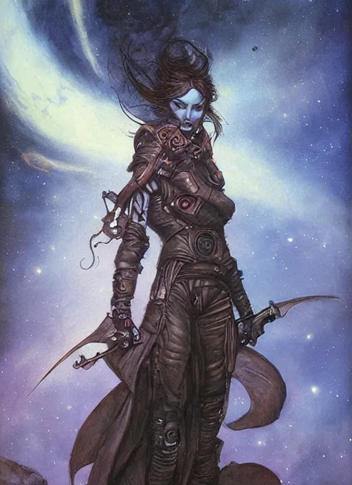 Image similar to portrait of female space pirate, night sky background, beautiful! coherent! by brom, by brian froud, deep color, strong line, high contrast