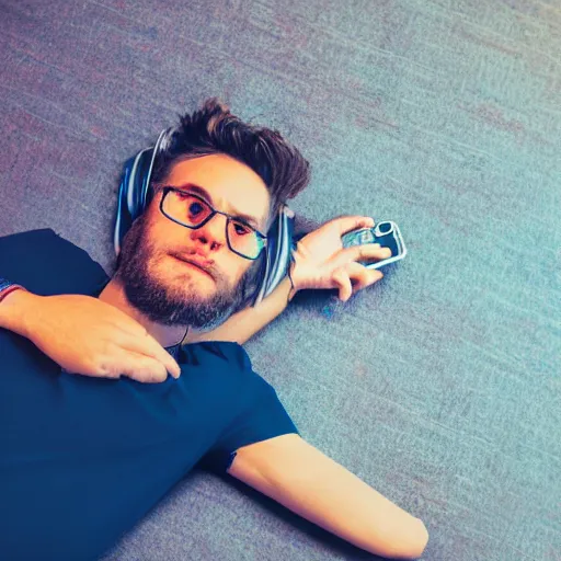 Image similar to close up aerial view portrait of a guy laying on the floor of his bedroom looking at the camera, synthwave colors, computer, cell phone, video games, tv, knick knacks, synthwave colors, 8K