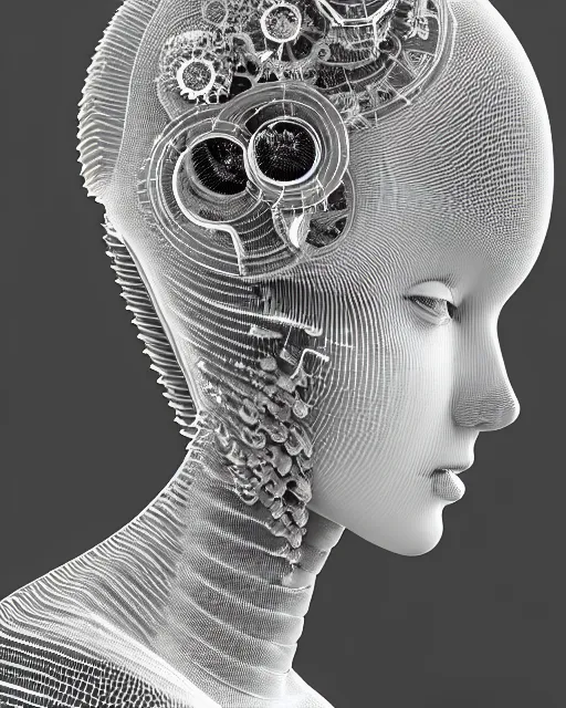 Image similar to mythical dreamy black and white organic translucent bio-mechanical spinal ribbed profile face portrait detail of mechanical beautiful female angelic-snowy-human-doll, highly detailed, intricate crystal jelly steampunk ornate, poetic, 3D render, digital art, octane render, 8K artistic photography, photo-realistic, by Dora Maar