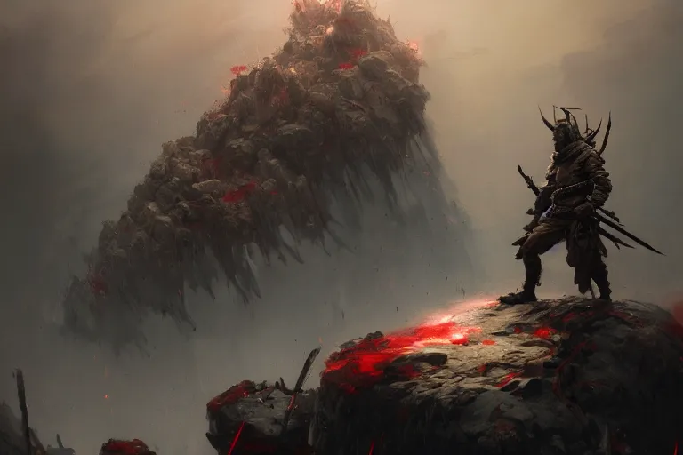 Image similar to the last warrior standing on the top of pile of skulls, the war has just ended, raining blood, extremely detailed digital painting, in the style of fenghua zhong and ruan jia and jeremy lipking and peter mohrbacher, mystical colors, rim light, beautiful lighting, 8 k, stunning scene, raytracing, octane, trending on artstation