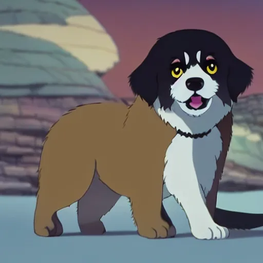 Prompt: a wholesome animation key shot of black tibetan spaniel, studio ghibli, pixar and disney animation, sharp, dramatic lighting