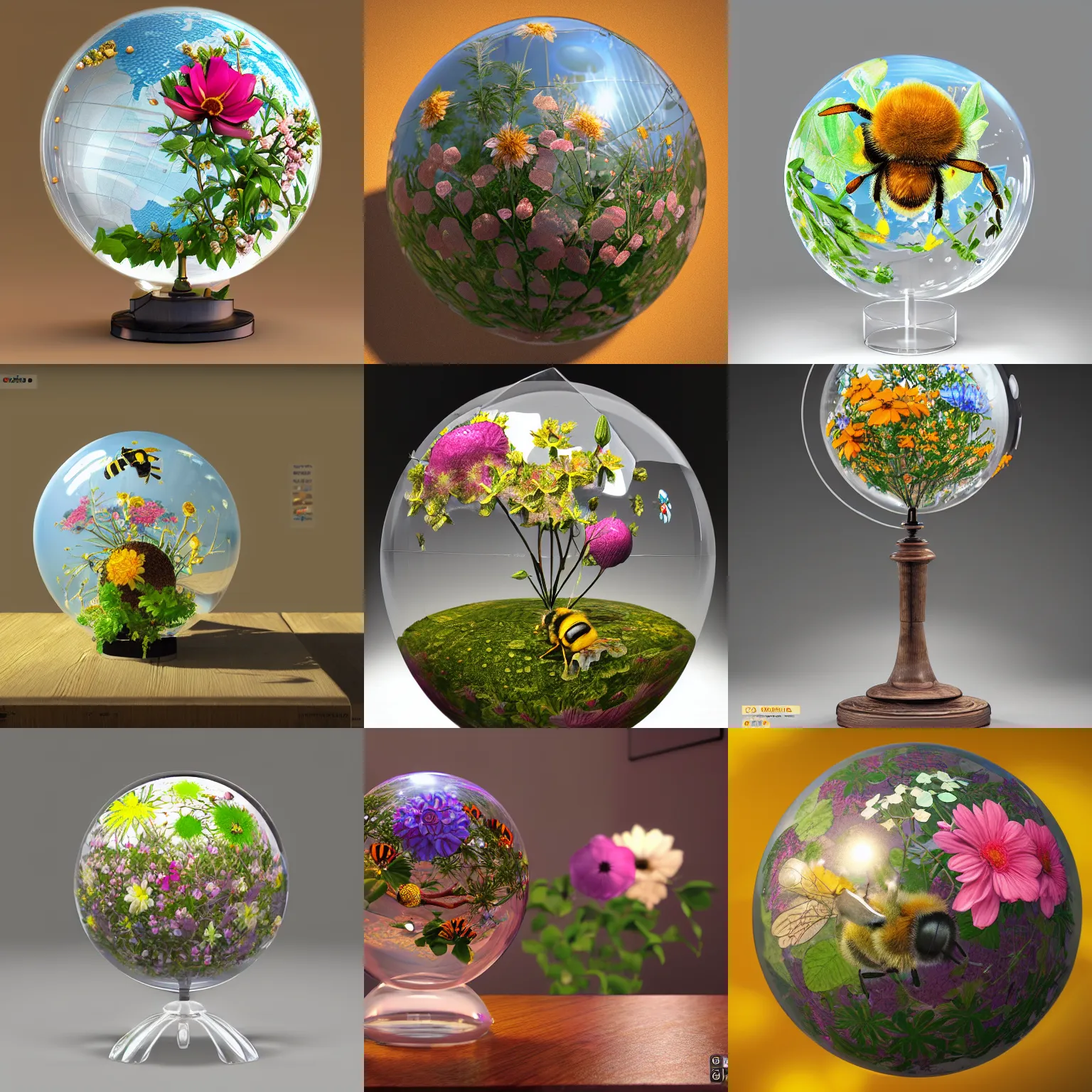 Prompt: transparent globe, flowers and foliage stick on it with glue, there's a bee inside the globe, rendered in blender, 8 k, unreal engine, rich vivid colors, ambient lighting, dynamic lighting, cgi by james jean and hiroshi yoshida and brian froud