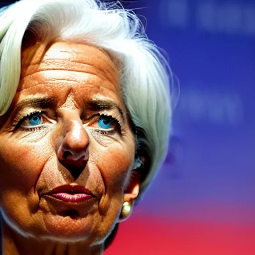 Prompt: Christine Lagarde using euro bills as wallpaper