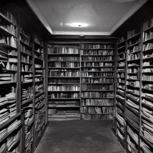 Image similar to a gloomy shadowy midnight crypt room full of darkness with bookshelves. contrast:0, brightness:0. tags: chiaroscuro, darkframe, gothic. Low contrast, dim. This is a dim image.