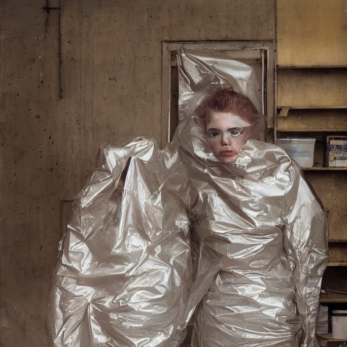 Prompt: a color photograph, closeup portrait of a woman wrapped in plastic, standing in an abandoned grocery store, color photograph, by vincent desiderio, canon eos c 3 0 0, ƒ 1. 8, 3 5 mm, 8 k, medium - format print