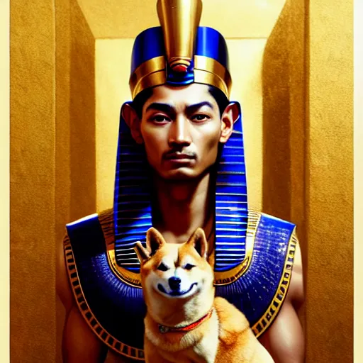 Prompt: portrait painting of egyptian pharaoh with a shiba inu, ultra realistic, concept art, intricate details, eerie, highly detailed, photorealistic, octane render, 8 k, unreal engine. art by artgerm and greg rutkowski and charlie bowater and magali villeneuve and alphonse mucha