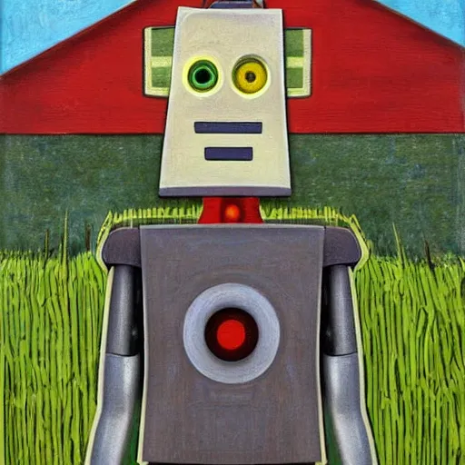 Prompt: robot portrait farmland, grant wood, american gothic from grant wood style