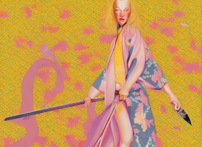 Image similar to breathtaking detailed pattern pastel colors of uma thurman ( kill bill ) in yellow kimono, with hatori hanzo katana sword and autumn leaves, by hsiao - ron cheng, bizarre compositions, exquisite cinematic detail, enhanced eye detail