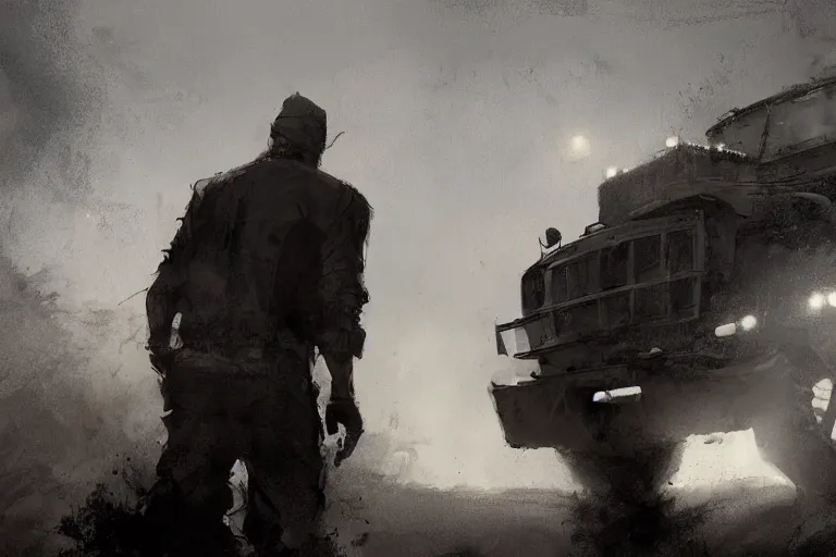 Image similar to epic concept art of an approaching truck and a man standing still. close - up man in foreground. backlight. rim light, strong contrast. by ashley wood and j. m. w. turner, speed painting, photo bash, cinematic angle, super detailing, strong perspective, traffic accident, haze over the shoulder shot