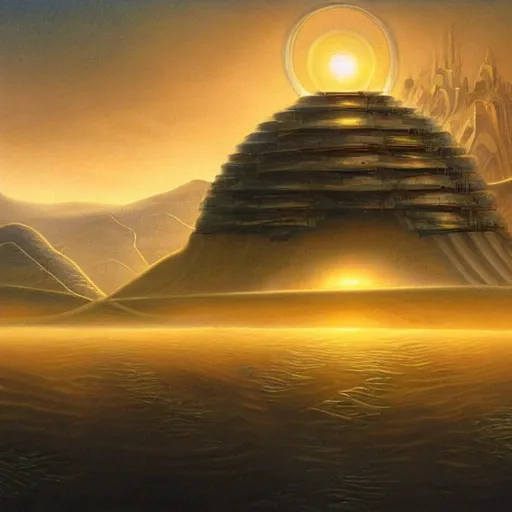Image similar to a building in a stunning landscape by Jim Burns