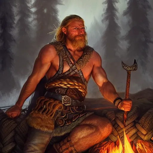 Image similar to Rugged male Viking warrior relaxing by the fire, relaxed, D&D, muscular, upper body, fantasy, intricate, elegant, highly detailed, digital painting, artstation, concept art, smooth, sharp focus, illustration, art by artgerm and greg rutkowski and alphonse mucha