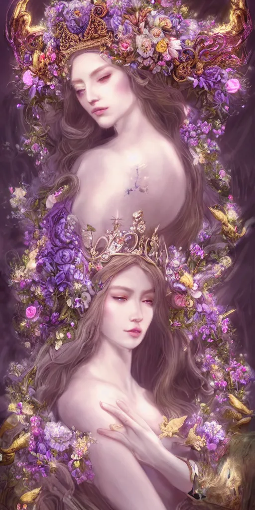 Image similar to A beautiful fantasy empress, highly detailed full body, just one head, flower tiara, long hair, wearing dramatic aristocrat robe, delicate figure, field of fantasy flowers, foxes and deer, epic composition, ultra wide-shot, dynamic pose, concept art, dramatic lighting, digital painting, smooth, character design, ((sharp focus)), elegant, intricate, trending on artstation, by WLOP and James Jean and Victo Ngai