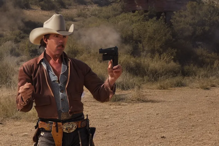 Image similar to film still of the main character cowboy standing holding a pistol in the outdoor scene in an action movie posing for the camera 2 0 2 0, 4 k wild west