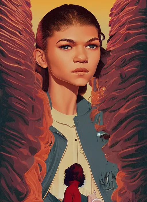 Prompt: poster artwork by michael whelan and tomer hanuka, karol bak, portrait of a high school student zendaya!!!!! wearing rr diner uniform working at the local diner, confectioner in a pastry shop, full length shot, shining, from scene from twin peaks, clean