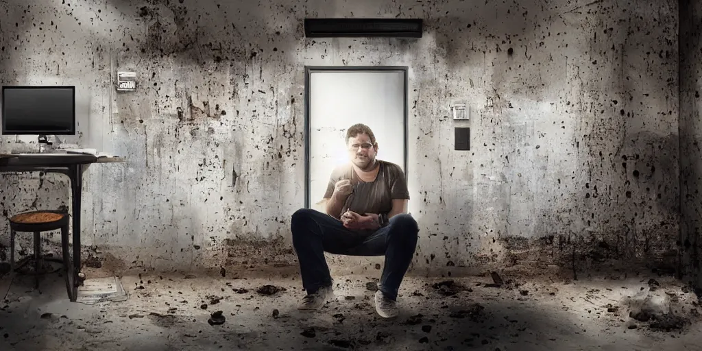 Image similar to typical cryptocurrency nerd, sitting in front of the computer, shilling, dark basement decay, bitcoin poster in background, fat and dirty, scruffy looking, claustrophobia, humidity in walls, award - winning photomanipulation