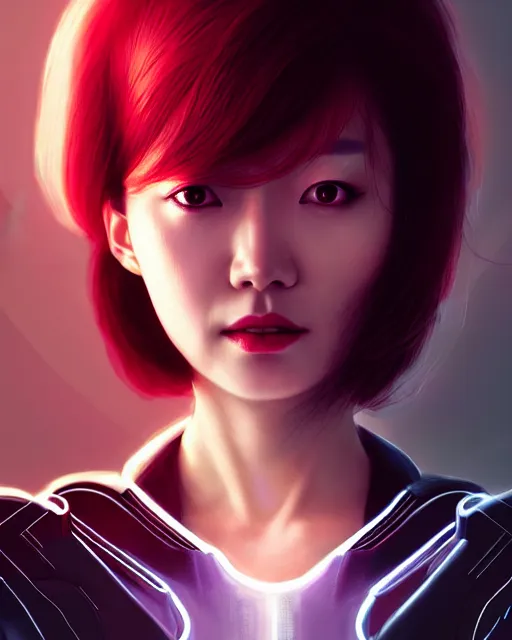 Image similar to kim hyun joo as an android, rose hair, cyborg, warframe, cinematic, illuminated, sunny, beautiful girl, advanced technology, futuristic, digital painting by ilya kuvshinov, akiko takase, eugene gottsnake, stanislav istratov and su fu and antoine collignon