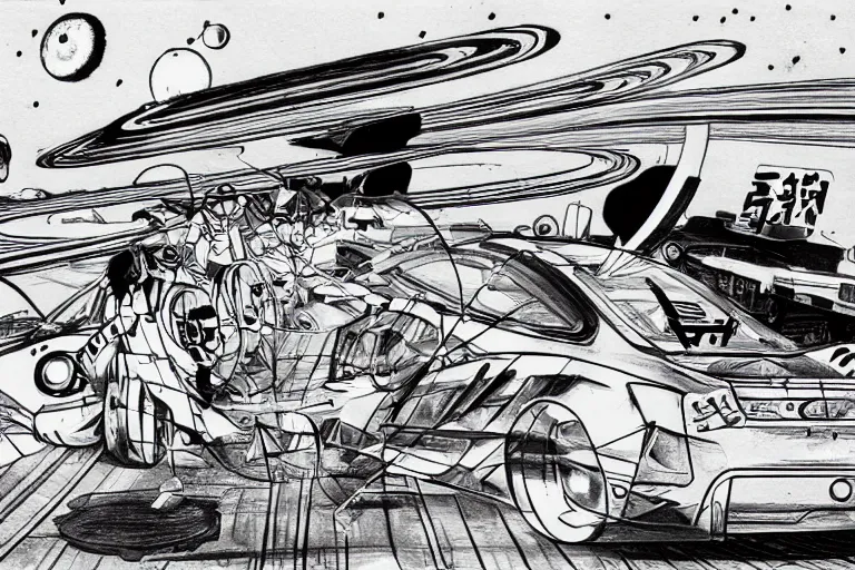 Image similar to anime drawing of a car race on the rings of saturn