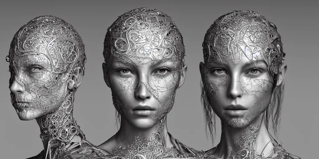 Image similar to hyper realistic photography of a stunningly cyborg female and male, intimate, intricate filigree, in the style of beth cavener, jin kagetsu, and wlop, highly detailed, chrome face symmetry, masterpiece, award - winning, sharp focus, concept art, high key, ambient lighting, 8 k, octane render,