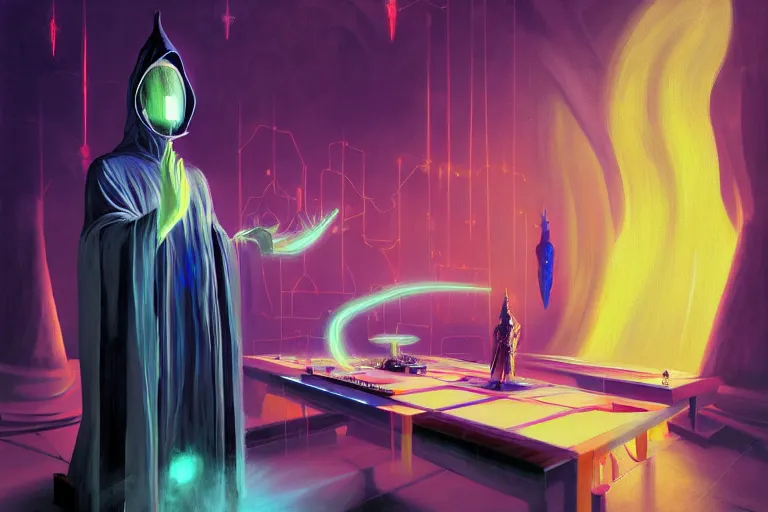 Image similar to A beautiful masterpiece painting of a technomancer wizard in robes with pointed hood discussing sentience with his synthesized Al djinn in his laboratory near a computer (by Remedios Varo and Anato Finnstark and Greg Rutkowski), (dayglo pink, dayglo blue, dazzle camouflage), 8k, trending on ArtStation