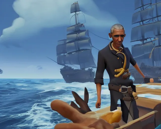 Prompt: a screenshot of Barack Obama in Sea of Thieves (2018)