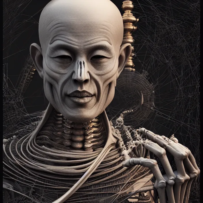 Prompt: portrait of Buddhist Monk as skeleton. intricate abstract. intricate artwork. by Tooth Wu, wlop, beeple, dan mumford. octane render, trending on artstation, greg rutkowski very coherent symmetrical artwork. cinematic, hyper realism, high detail, octane render, 8k, chrome accents