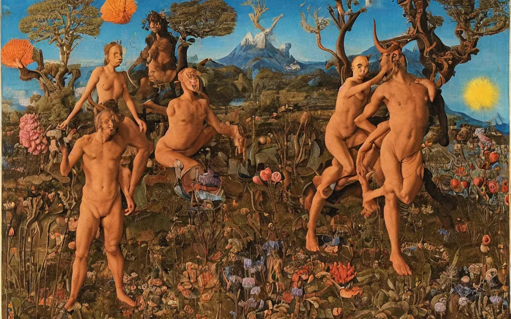 Image similar to a portrait photograph of a meditating satyr and a centaur monk riding a rocket machine and hunting at a river delta. surrounded by bulbous flowers and trees. mountain range under a blue sky of fiery stars. by jan van eyck, max ernst, ernst haeckel, ernst fuchs and artgerm, cgsociety, fashion editorial, 8 k