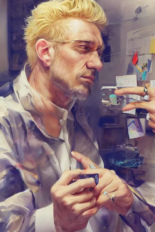 Prompt: painting of a middle aged austrian man with blonde hair sitting at his work desk with ten smartphones turned on, by artgerm and yoshitaka amano, trending on artstation